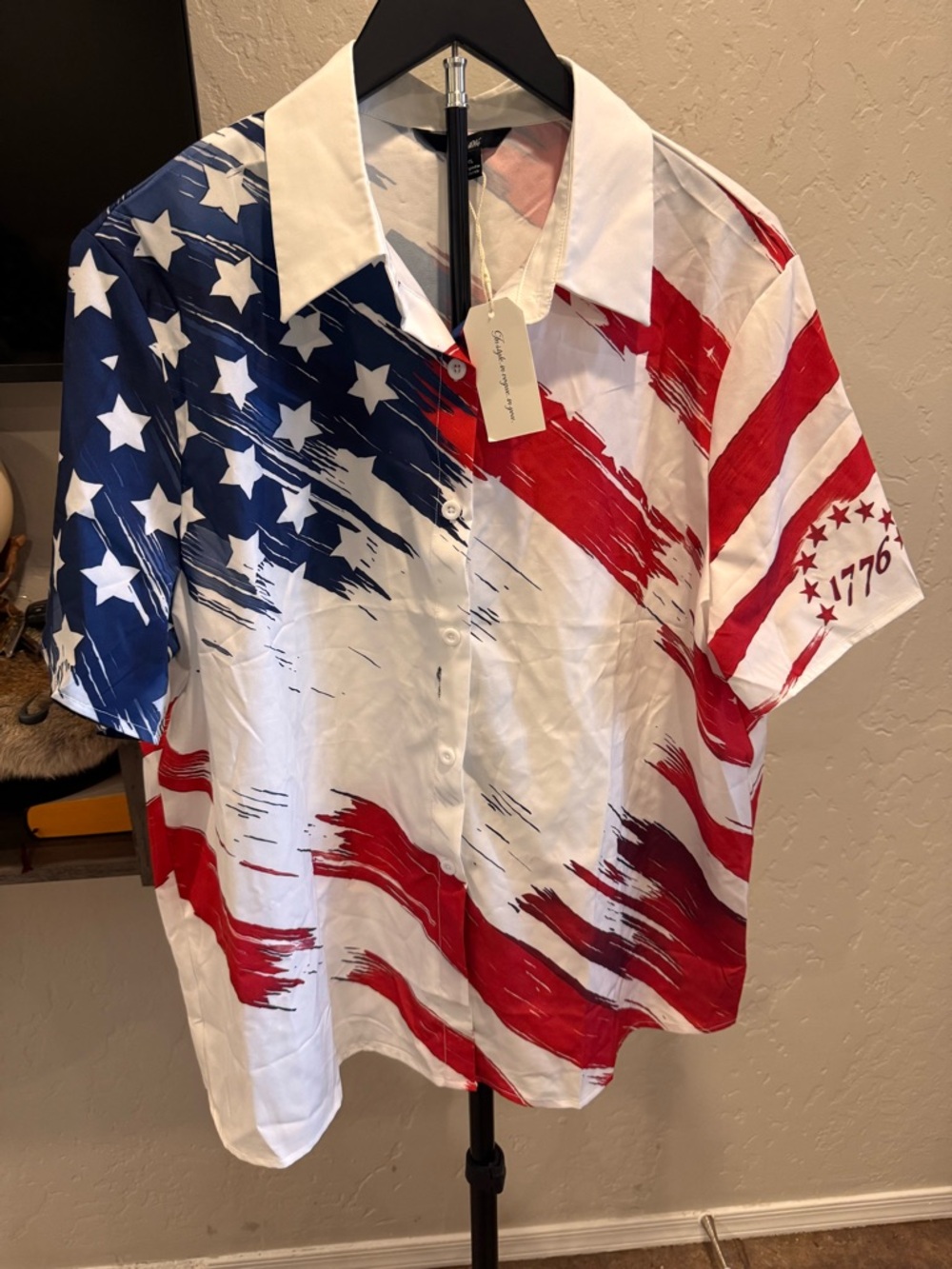 Patriotic Short-Sleeve Button-Down Shirt in Red, White & Blue